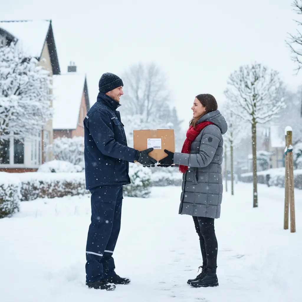 Courier delivering equipment box in snowy setting