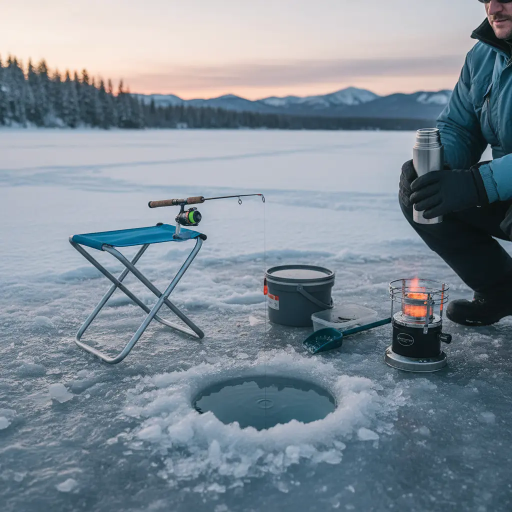 Detailed shot of a basic ice fishing setup