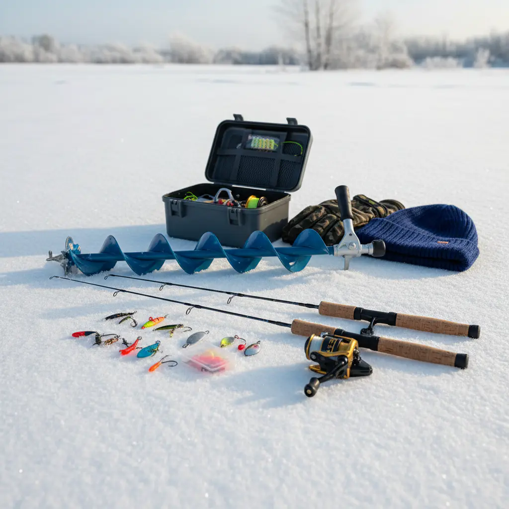 Close up of high quality ice fishing tackles and rods