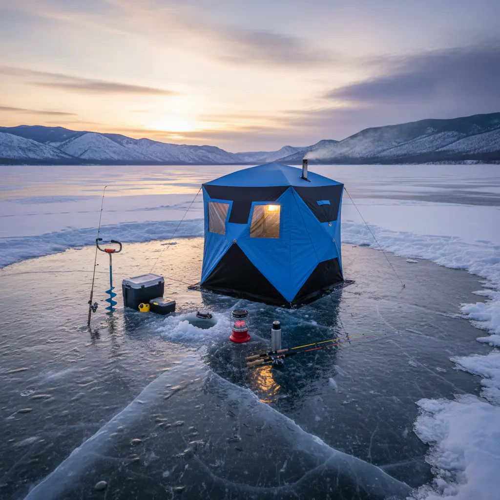 Frozen lake landscape with modern ice fishing tent